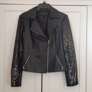 INC  Black Sequin Sleeve Moto Jacket